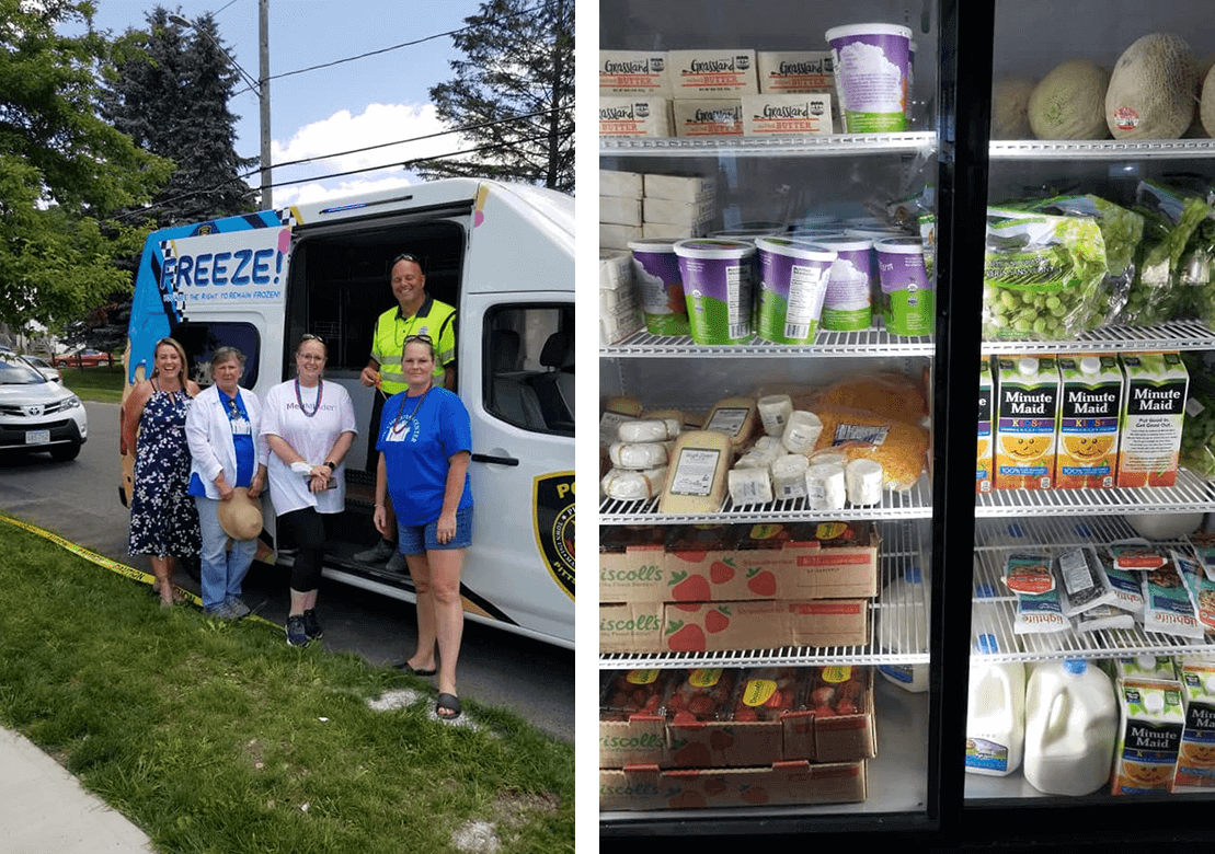 Mobile food pantry volunteers and stocked refrigerator